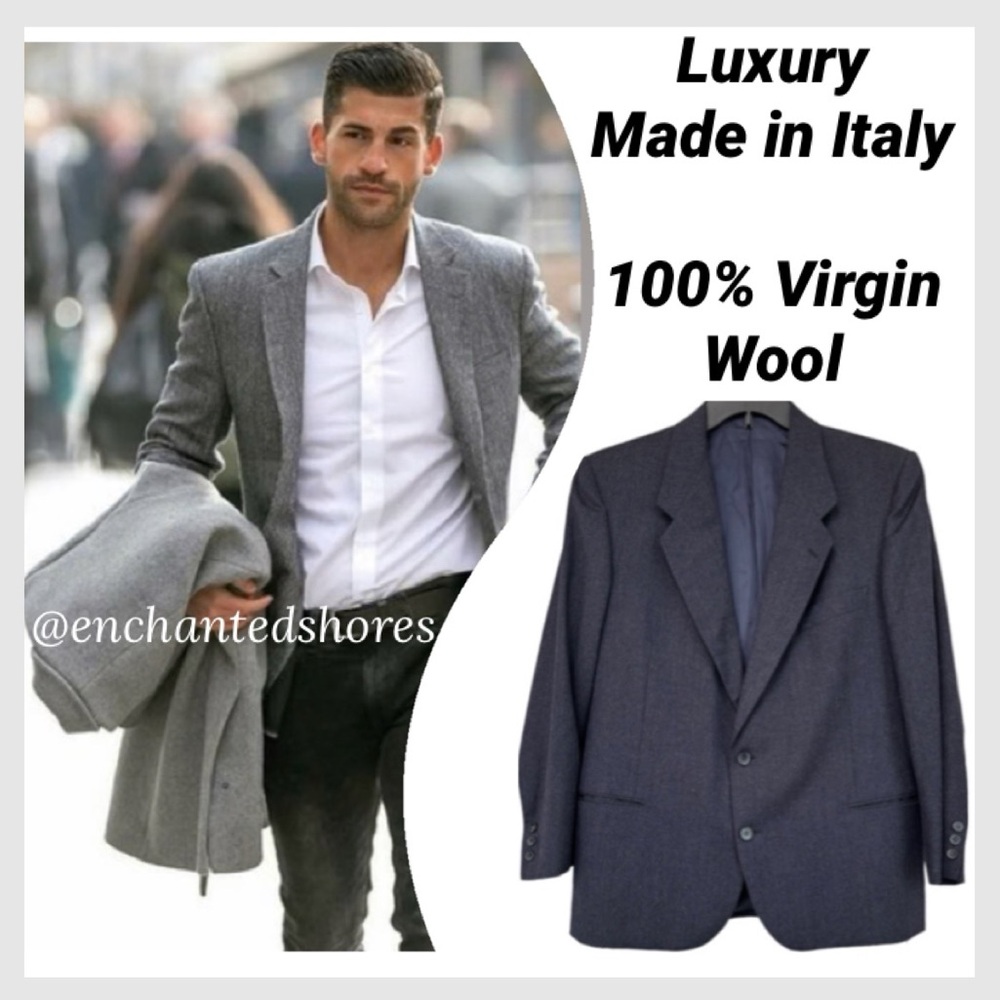 Italian Wool Blazer Suit Jacket Montebello Italy Made Vintage Grey Blue Size 44R
